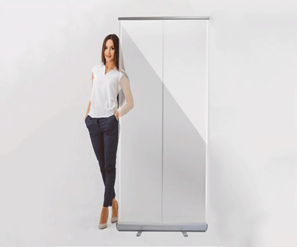 Rollup, transparent bespannt als Niesschutz - Hygienewand