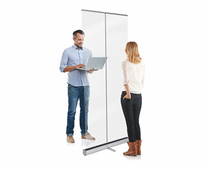 Rollup, transparent bespannt als Niesschutz - Hygienewand